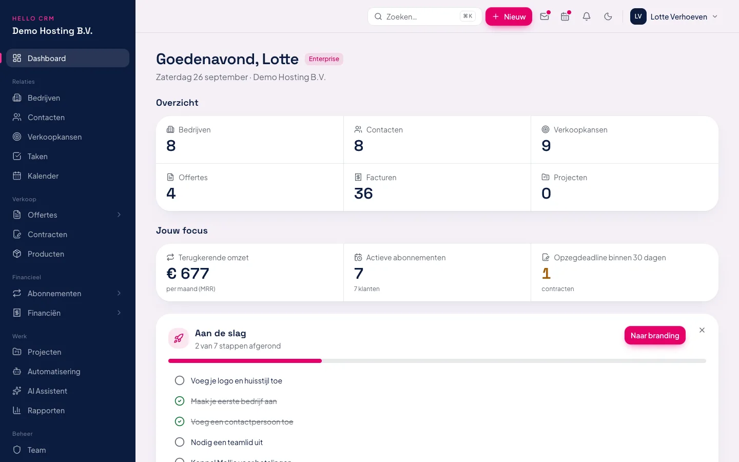Hello CRM dashboard met terugkerende omzet en opzegdeadlines